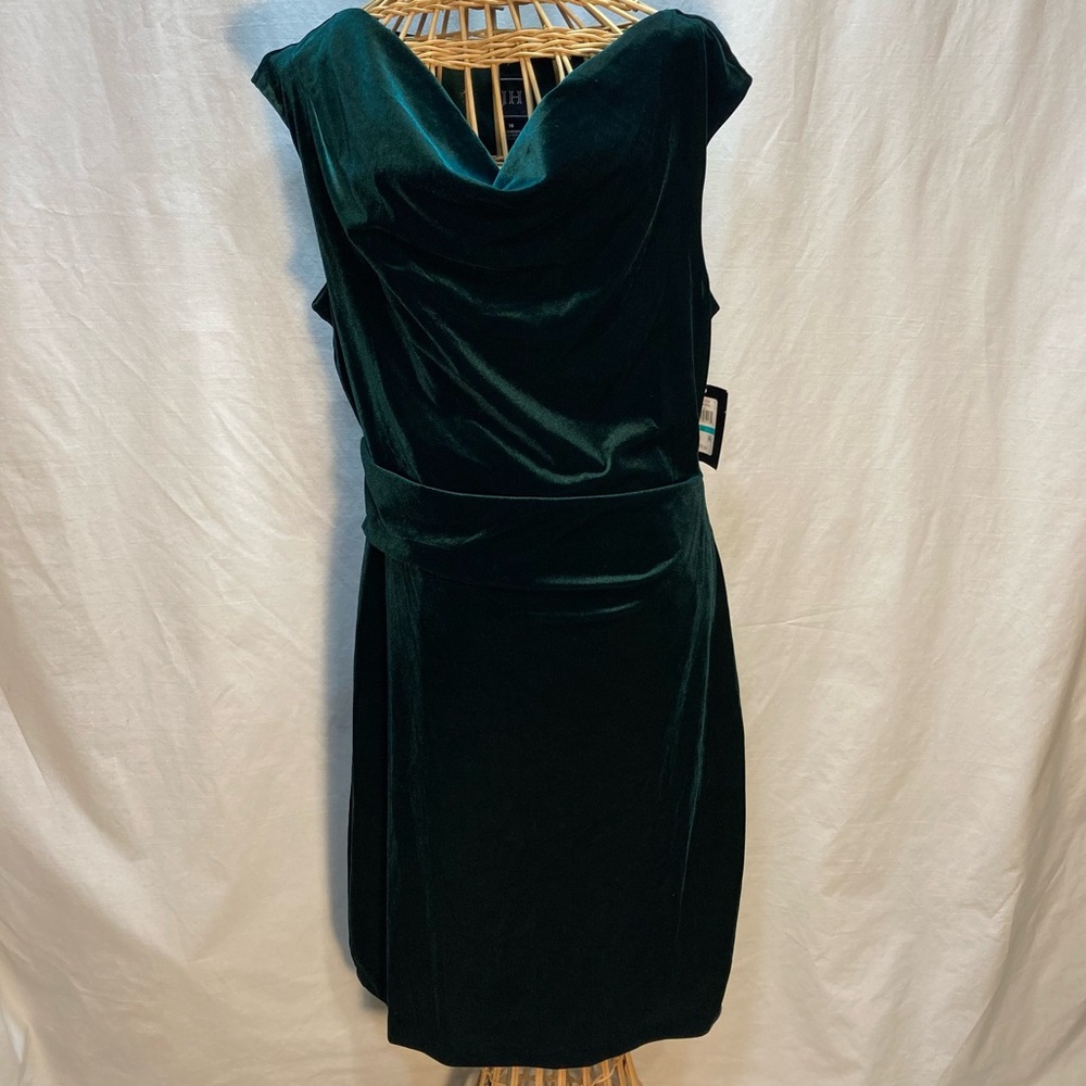 TOMMY HILFINGER VELVET GREEN PARTY DRESS RUCHING ZIP UP DRAPED NECK NWT SIZE 16